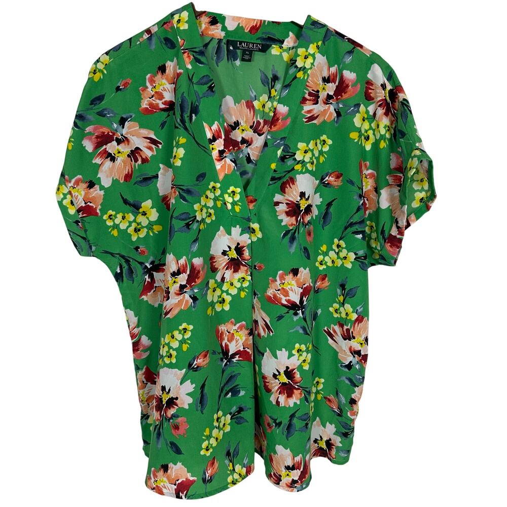 Lauren Ralph Lauren Green Floral V-neck‎ Drop Shoulder Blouse XL Career School